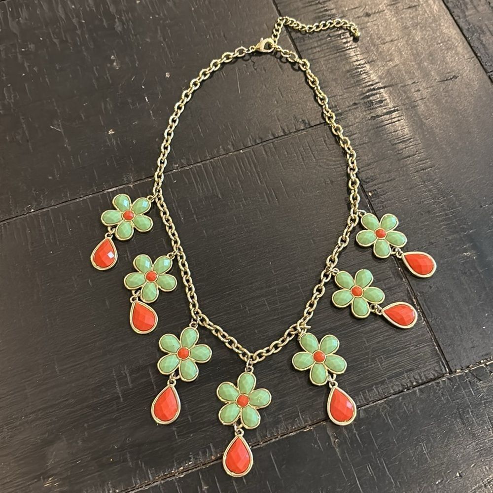 Floral Green Orange Dangle Statement Flower Floral Silver Necklace​​​